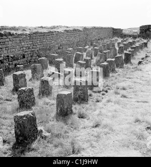 Années 1950, historique, petites pierres tombales en rangées à côté d'un mur de pierre dans un ancien cimetière de campagne, Angleterre, Royaume-Uni. Banque D'Images