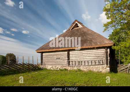 Vieille cabane en bois avec un toit de chaume, Tammsaare Museum de Järva County, l'Estonie, Europe Banque D'Images