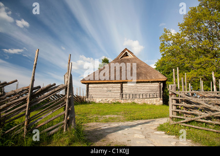 Vieille cabane en bois avec un toit de chaume, Tammsaare Museum de Järva County, l'Estonie, Europe Banque D'Images