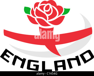 Illustration d'une rose anglaise rouge avec le drapeau de l'Angleterre à l'intérieur de ballon de rugby et les mots 'Angleterre' Banque D'Images
