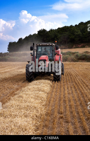 Champ de blé avec le tracteur la collecte de la paille. LLeida, Espagne. Banque D'Images