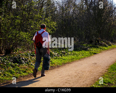 Paris, France, homme au sac à dos Promenade, Marche, Away in bois de Vincennes, printemps, Parc urbain, biodiversité urbanisation, forêt urbaine paris Banque D'Images