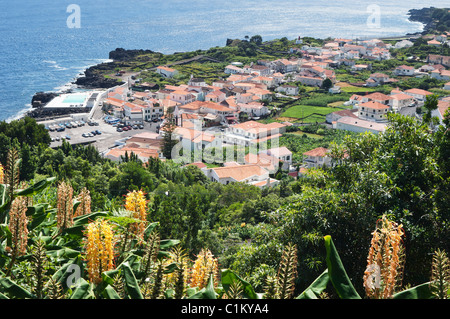 Vue aérienne du village de pêcheurs de Ribeiras dans la côte sud de l'île de Pico, Açores Banque D'Images