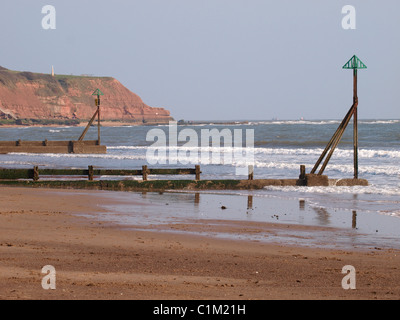 Les défenses maritimes épis Exmouth, Devon avec Orcombe point dans l'arrière-plan, UK Banque D'Images