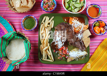 Bavette de bœuf aloyau plat mexicain assortiment de sauces chili épicé au Mexique Banque D'Images