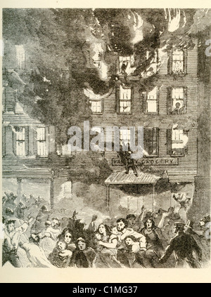 Lithographie ancienne du terrible incendie dans un immeuble-maison, quarante-cinquième Street, New York, mars 28, 1860 Banque D'Images