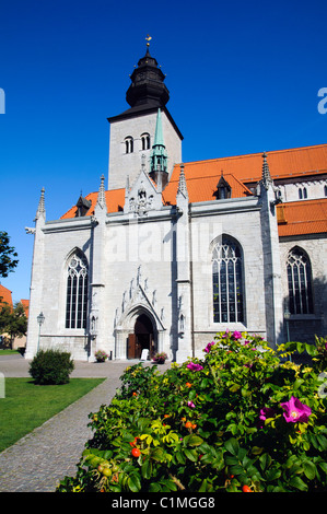 La Cathédrale de Visby, dédiée à Sainte Marie, avec des fleurs à première vue Banque D'Images