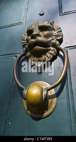 Tête de lion en laiton heurtoir sur une porte peinte en vert. Banque D'Images