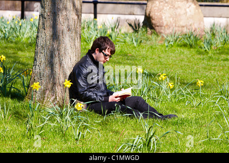 Un homme lit un livre dans Green Park on a bright sunny spring samedi après jours de pluie persistante. Banque D'Images