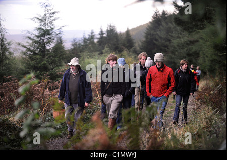 Expert nourriture Raoul Van Den Broucke dirige un groupe en voyage organisé entre forêt près de Llanover Gwent Wales UK Banque D'Images