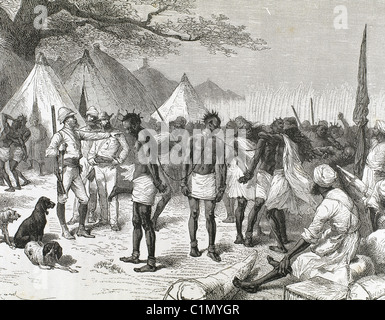 Marché des esclaves à Zanzibar. Gravure par Hildebrand (1882). Banque D'Images