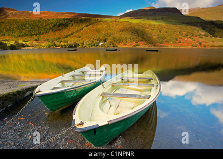 Bateaux de pêche sur Tal y Llyn Lake dans la région de Snowdonia, Pays de Galles UK Banque D'Images