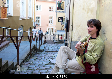 Jeune musicien de rue dans la rue étroite, vieille ville médiévale de Tallinn, Estonie Banque D'Images