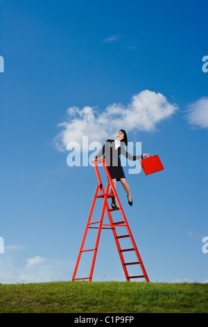 Businesswoman with briefcase rouge en équilibre sur le haut de l'échelle rouge dans grass field Banque D'Images