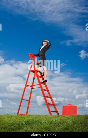 Businesswoman with briefcase rouge debout sur le haut de l'échelle de l'herbe rouge dans le champ et de blindage yeux Banque D'Images