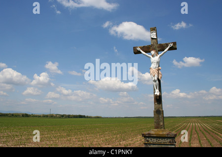 Alsace, France. Statue de Jésus Christ sur une croix de pierre se dresse dans un champ vide. Banque D'Images