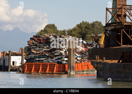 Barge remplie de broyées, pour le recyclage, le long du fleuve Fraser à Surrey, BC Banque D'Images