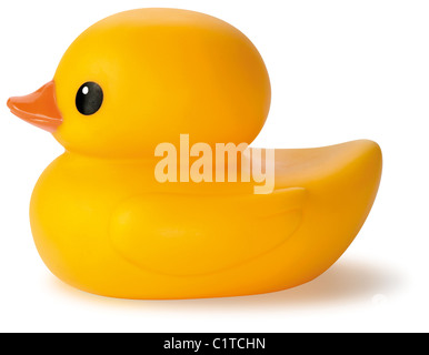 Canard en caoutchouc jaune jouet de bain enfant isolé sur fond blanc Banque D'Images