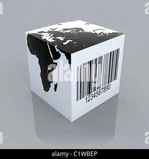 Cube avec carte du monde et les codes-barres 3d illustration Banque D'Images