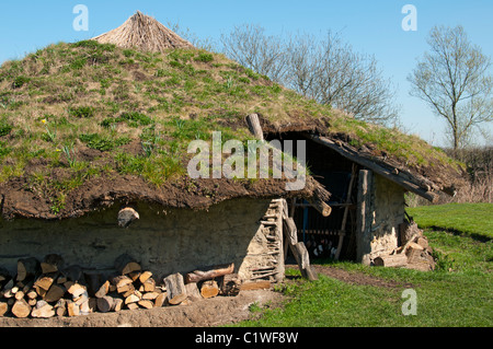 Reproduction d'une maison ronde de l'âge du bronze à Flag Fen, parc archéologique, Peterborough Cambridgeshire, Angleterre, RU Banque D'Images