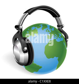 Le monde globe terrestre d'écouter de la musique sur le casque. Banque D'Images