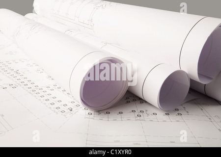 Close-up de bleus et des croquis de projets Banque D'Images