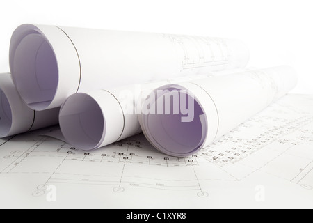 Close-up de bleus et des croquis de projets Banque D'Images