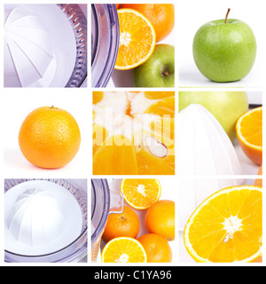Presse-fruits-montage. Presse-agrumes, d'orange et de pièces Apple Banque D'Images