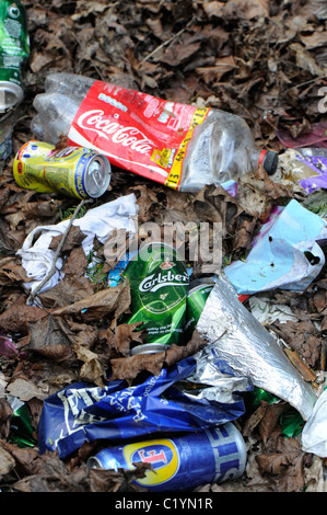 Les décharges sauvages dans une ancienne carrière de pierres avec des bouteilles en plastique et canettes de boisson en aluminium Banque D'Images