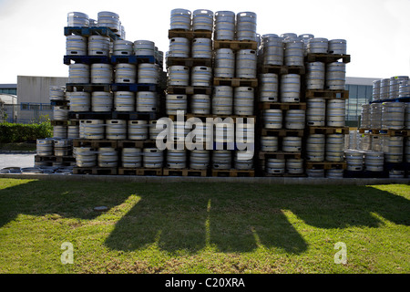 Pile de tonneaux de bière en aluminium, barillets, baril, Keg, piles, aluminium, l'herbe, l'ombre, Banque D'Images