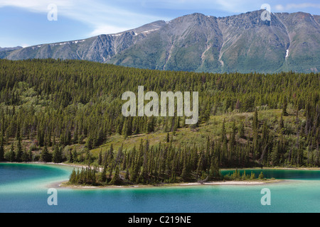 Montagne, la forêt et le lac Emerald le long de la route du Klondike, près de Carcross, dans le Territoire du Yukon du Canada en été. Banque D'Images