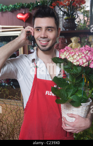 Un fleuriste se dresse sur téléphone mobile avec l'hydrangea Banque D'Images