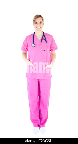Jeune femme chirurgien positive portant des gommages corporels Banque D'Images