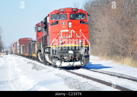 8811 L'unité à la tête de deux locomotives des chemins de fer nationaux du Canada sur une froide journée d'hiver. Bartlett, Illinois, USA. Banque D'Images