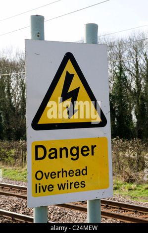 Les frais généraux de danger Live Wires Panneau d'avertissement à côté de ligne de chemin de fer, Harston, Cambridgeshire, Angleterre, RU Banque D'Images