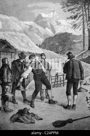 Curling bavarois bavarois dans la montagne, Bavière, Allemagne, illustration historique, 1877 Banque D'Images