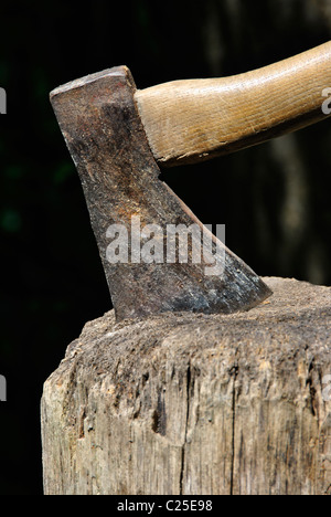 Gros plan sur la hache de bûcheron coincé dans un bloc de hachage avec natural background Banque D'Images