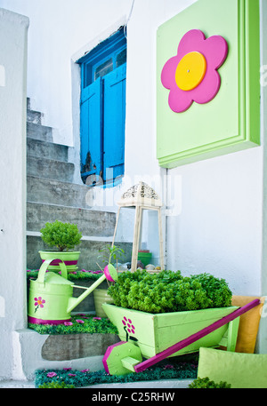 Pots de fleurs sur un escalier blanc avec un guichet Banque D'Images