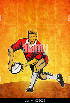 Illustration d'un joueur de Rugby d'exécution passant balle avec grunge texture dans l'arrière-plan Banque D'Images