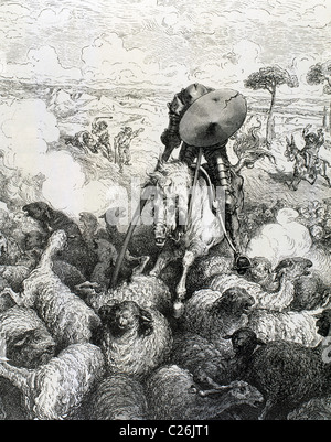 L'ingénieux hidalgo Don Quichotte de La Mancha, de Cervantès. Don Quichotte attaquant le troupeau de moutons et chèvres. Dore. Banque D'Images