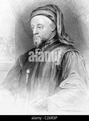 Geoffrey Chaucer (1343-1400) gravure de 1838 sur. Auteur anglais, poète, philosophe, bureaucrate, courtisan et diplomate. Banque D'Images