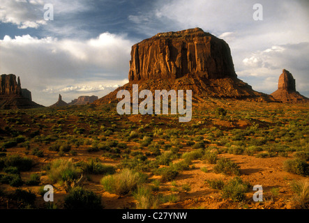 Merrick butte, à gauche, à l'est mitten butte, droite, Monument Valley Navajo Tribal park, Monument valley, Navajo Tribal Park, Arizona Banque D'Images