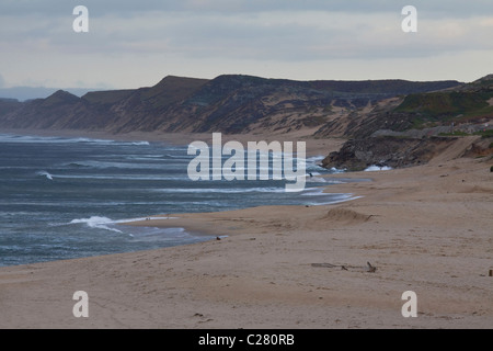 Mer et Ville de sable, la baie de Monterey, le Centre de la Californie, USA. L'homme est la pêche surf dans la distance. Banque D'Images