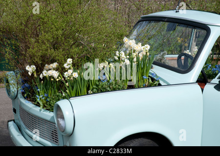 Oldtimer avec fleurs de printemps, Ausgedientes Frühlingsblumen Auto mit, Keukenhof, Hollande, Pays-Bas Banque D'Images
