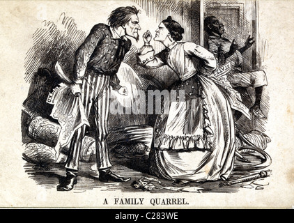 Une querelle de famille. L'Oncle Sam tient un journal marqué 'United', la femme a un journal derrière son dos marqué 'États'. Banque D'Images