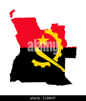 Illustration de drapeau de l'Angola sur la carte de pays ; isolé sur fond blanc. Banque D'Images