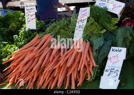 Carottes, chou vert, l'aneth et les épinards sur l'affichage pour la vente au marché des fermiers locaux Goleta Banque D'Images