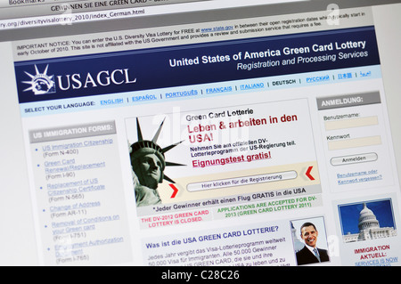 Site web de l'USAGCL - Etats-Unis d'Amérique Loterie Carte verte - en allemand Banque D'Images