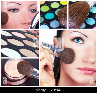 Collage de maquillage. Femme avec make-up brush et make-up tools Banque D'Images