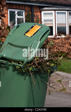 Recyclage des déchets de jardin débordant Bin avec avertissement du Conseil Banque D'Images